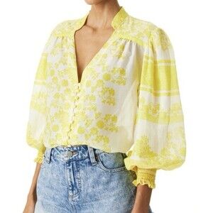 Alice + Olivia Yellow White Serena Silk-Blend Top Blouse long sleeve Floral XS